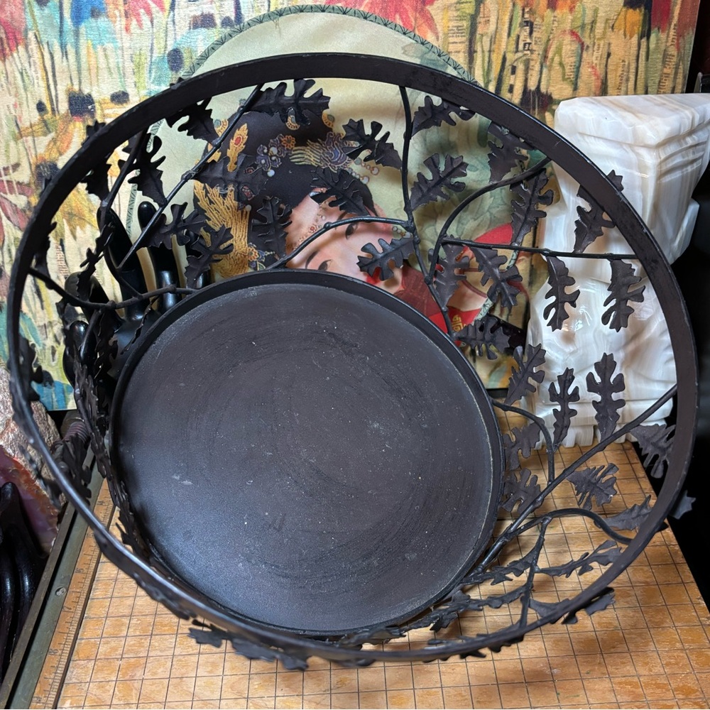 Large Metal Basket w Oak Leaves Branches Rustic 10.75”Dx5.75”H Philippines - Picture 9 of 11